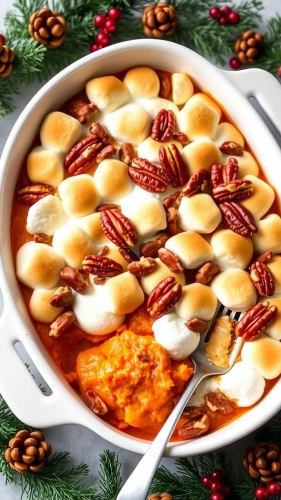 A golden-brown sweet potato casserole topped with marshmallows and pecans in a 9x13 dish.